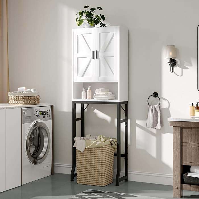 USHOWER Over The Toilet Storage Cabinet, Bathroom Organizers and Storage with Barn Doors, Thicken Metal Stand & MDF Wood Above Toilet Storage Cabinet, Freestanding Space Saver, White - Image 6
