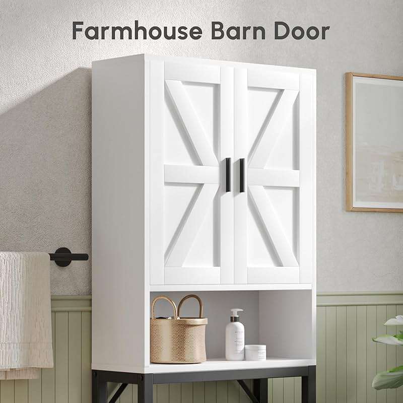 USHOWER Over The Toilet Storage Cabinet, Bathroom Organizers and Storage with Barn Doors, Thicken Metal Stand & MDF Wood Above Toilet Storage Cabinet, Freestanding Space Saver, White - Image 7