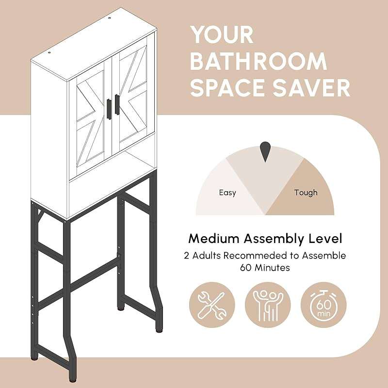 USHOWER Over The Toilet Storage Cabinet, Bathroom Organizers and Storage with Barn Doors, Thicken Metal Stand & MDF Wood Above Toilet Storage Cabinet, Freestanding Space Saver, White - Image 9
