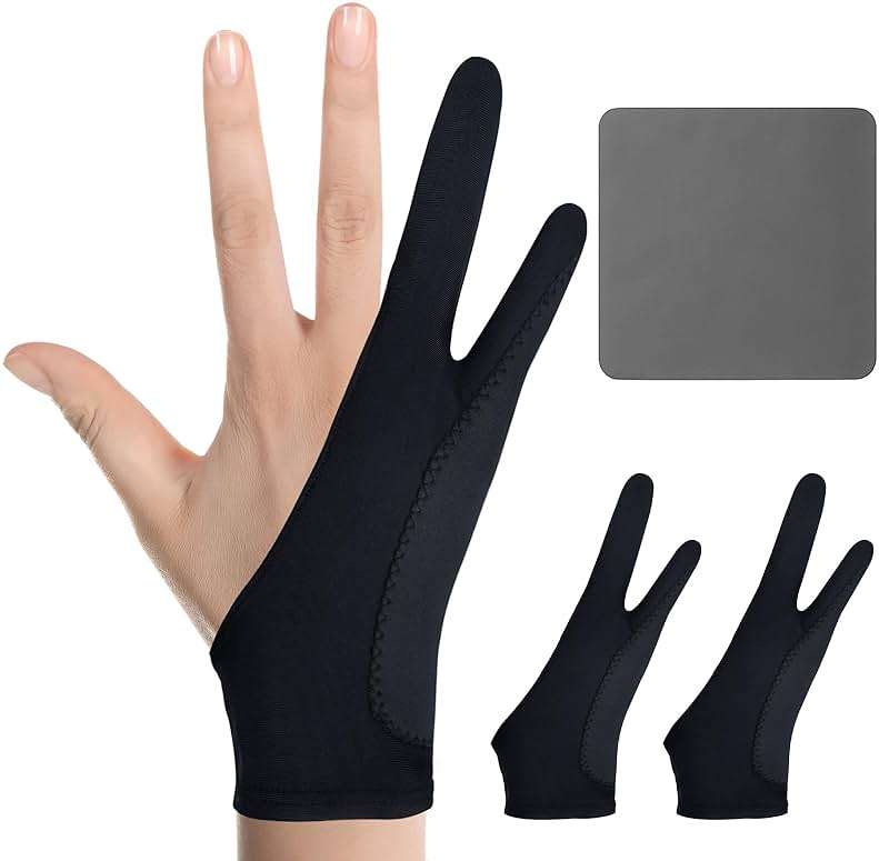 Digital Drawing Glove: 3-Layer Palm Rejection, Two-Finger Artist Glove for Drawing Tablet, iPad, Paper Sketching, Fits Left and Right Hand, Includes Cleaning Cloth(2 Pack,Black,Small) - Image 1
