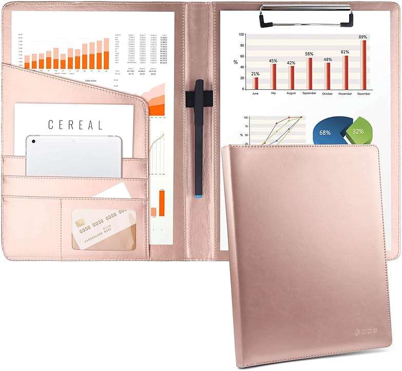Geila Padfolio Portfolio A4 Clipboard Folder, Suitable for Work, Writing, and Meetings, Faux Leather Folder with A4 Paper and Pen (Rose Gold) - Image 2
