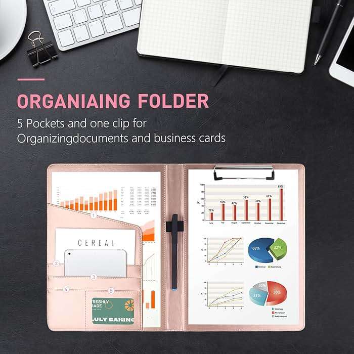 Geila Padfolio Portfolio A4 Clipboard Folder, Suitable for Work, Writing, and Meetings, Faux Leather Folder with A4 Paper and Pen (Rose Gold) - Image 4