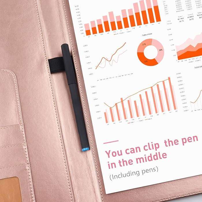 Geila Padfolio Portfolio A4 Clipboard Folder, Suitable for Work, Writing, and Meetings, Faux Leather Folder with A4 Paper and Pen (Rose Gold) - Image 6