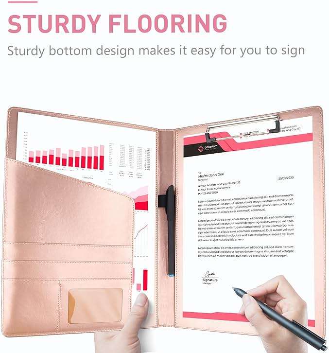 Geila Padfolio Portfolio A4 Clipboard Folder, Suitable for Work, Writing, and Meetings, Faux Leather Folder with A4 Paper and Pen (Rose Gold) - Image 7