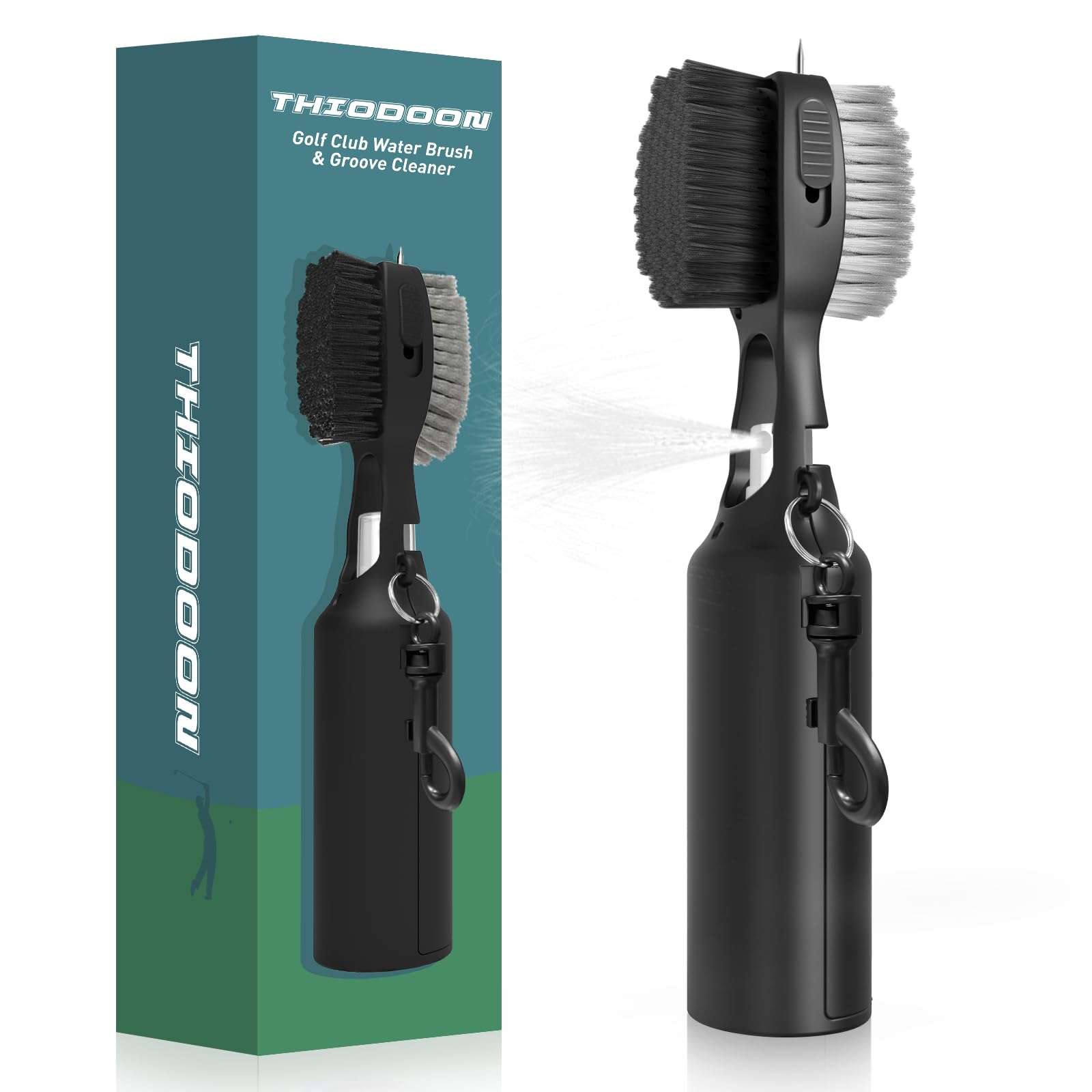 THIODOON 2 Pack Golf Club Brushes and Groove Cleaner 2 ft Retractable Zipline Carabiner Golf Brush Head with Retractable Spike Comfortable Grip Golf Club Cleaner - Image 1