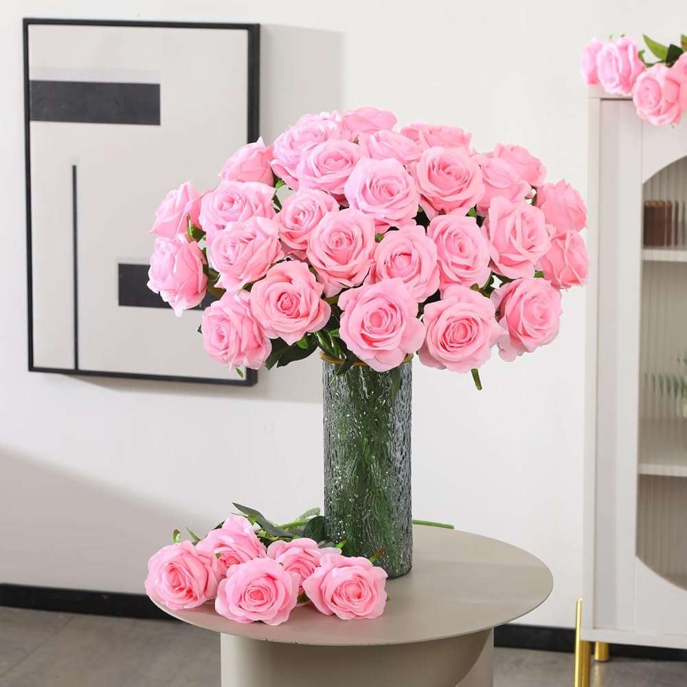 FLORRALIA 50PCS Artificial Silk Roses in Bulk & Bouquet Long Stem – Realistic Fake Roses for Wedding Centerpieces, Home Decor, Floral Arrangements, Party Decoration (Pink) - Image 2