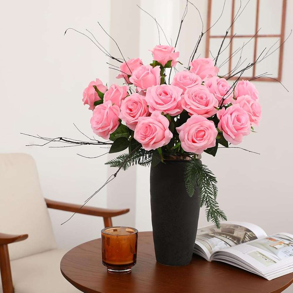 FLORRALIA 50PCS Artificial Silk Roses in Bulk & Bouquet Long Stem – Realistic Fake Roses for Wedding Centerpieces, Home Decor, Floral Arrangements, Party Decoration (Pink) - Image 7