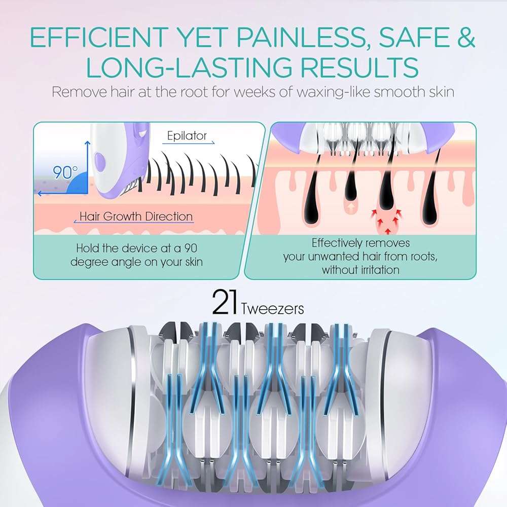 VOGOE Epilators Hair Removal for Women with 21 Tweezers & LED Light, 2 Speeds Cordless Epilator for Women, Electric Hair Removal Epilators Rechargeable for Arms & Legs HR110 (Purple) - Image 3