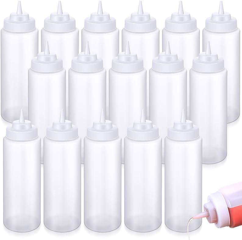 Singhoow 16 Pcs 32 oz Squeeze Bottle Large Plastic Wide Mouth Squeeze Bottles for Condiment Sauces Chocolate Ketchup Mustard BBQ Grill Restaurant (Clear) - Image 1