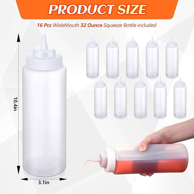 Singhoow 16 Pcs 32 oz Squeeze Bottle Large Plastic Wide Mouth Squeeze Bottles for Condiment Sauces Chocolate Ketchup Mustard BBQ Grill Restaurant (Clear) - Image 3