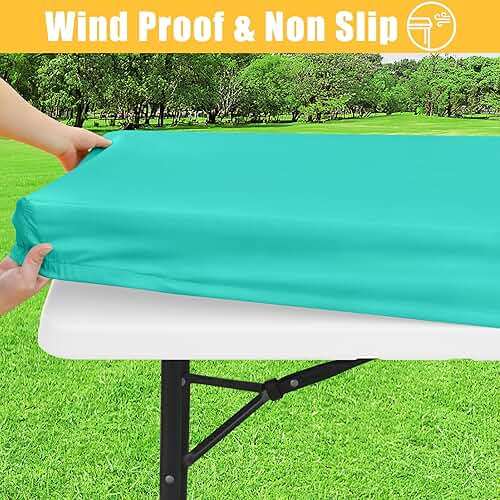 Spotjoy Rectangle Table Cloth, Waterproof Elastic Fitted Tablecloth for 6 Foot Folding Tables, Washable Polyester Tablecloths for Picnic, Camping, Outdoor (Aqua, 30"x72") - Image 2