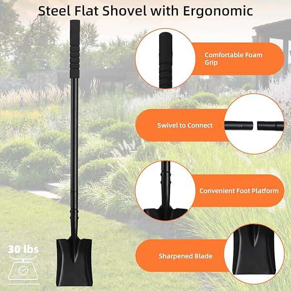 Small Square Shovel 43.3Inches Heavy Duty Garden Tools with Metal Handle, Small Transfer Spade for Digging Camping Car Beach Shovel, Black - Image 5