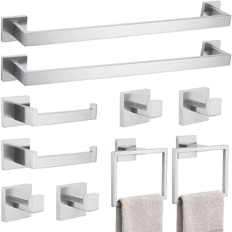 10-Piece Bathroom Hardware Accessories Set-Brushed Nickel Towel Bar, Holder & Racks-SUS304 Stainless Steel-Wall Mounted,23.6-Inch - Image 1