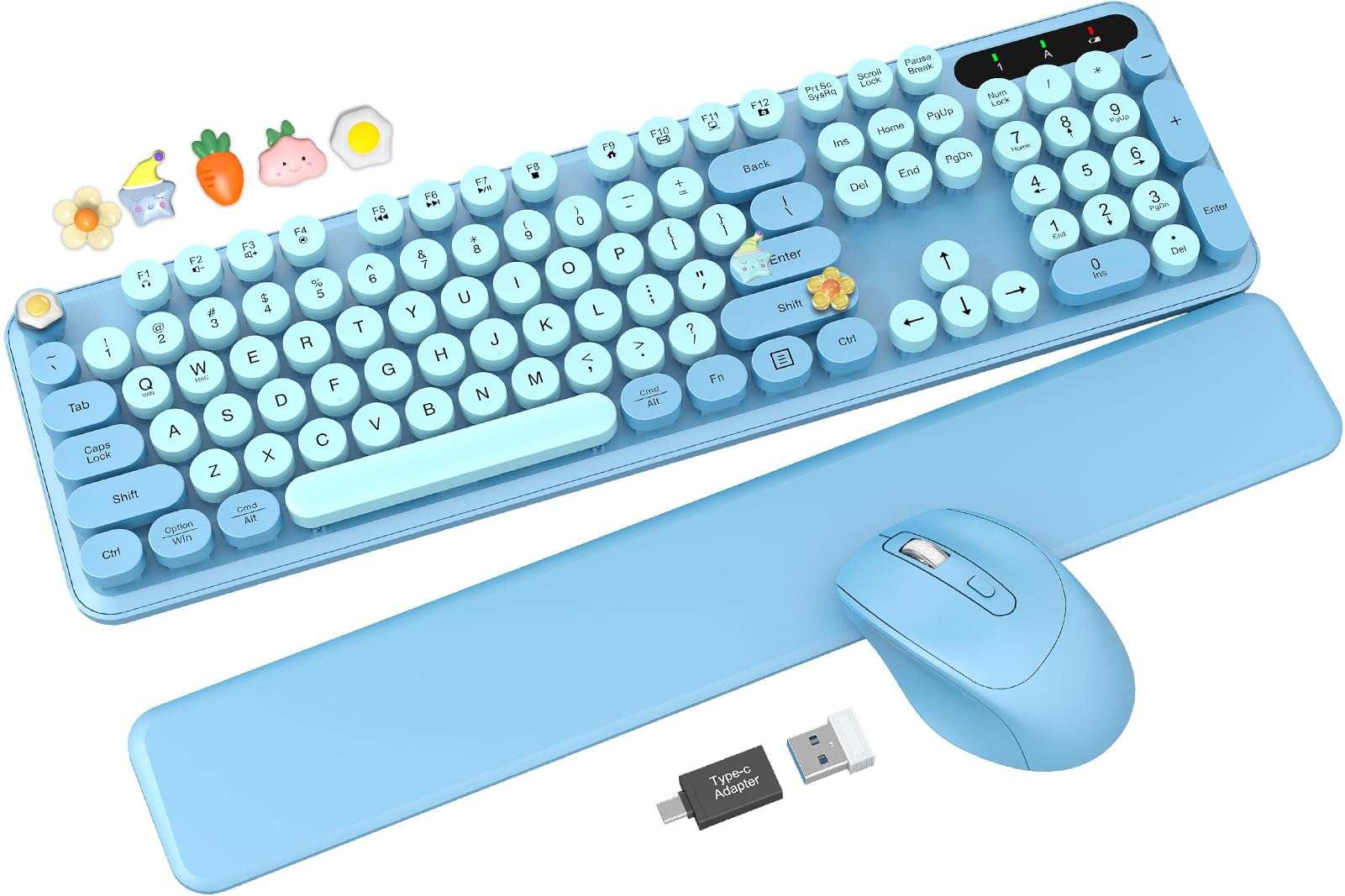 Wireless Keyboard and Mouse Combo - Cute Typewriter Keyboard with Detachable Wrist Rest, Retro Round Keycaps, Foldable Legs, 2.4GHz Full-Size for PC, Laptop, Windows - Trueque (Glacier Blue) - Image 1