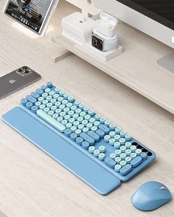 Wireless Keyboard and Mouse Combo - Cute Typewriter Keyboard with Detachable Wrist Rest, Retro Round Keycaps, Foldable Legs, 2.4GHz Full-Size for PC, Laptop, Windows - Trueque (Glacier Blue) - Image 2