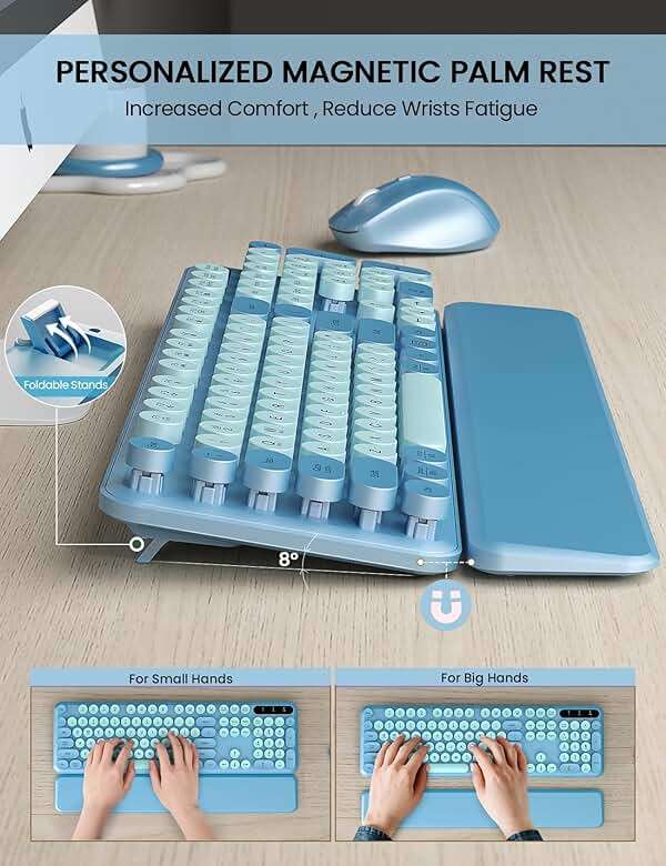 Wireless Keyboard and Mouse Combo - Cute Typewriter Keyboard with Detachable Wrist Rest, Retro Round Keycaps, Foldable Legs, 2.4GHz Full-Size for PC, Laptop, Windows - Trueque (Glacier Blue) - Image 3