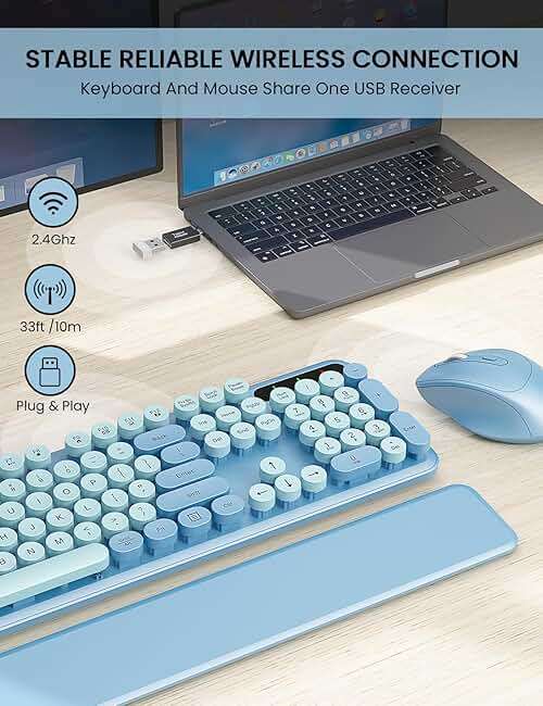 Wireless Keyboard and Mouse Combo - Cute Typewriter Keyboard with Detachable Wrist Rest, Retro Round Keycaps, Foldable Legs, 2.4GHz Full-Size for PC, Laptop, Windows - Trueque (Glacier Blue) - Image 4
