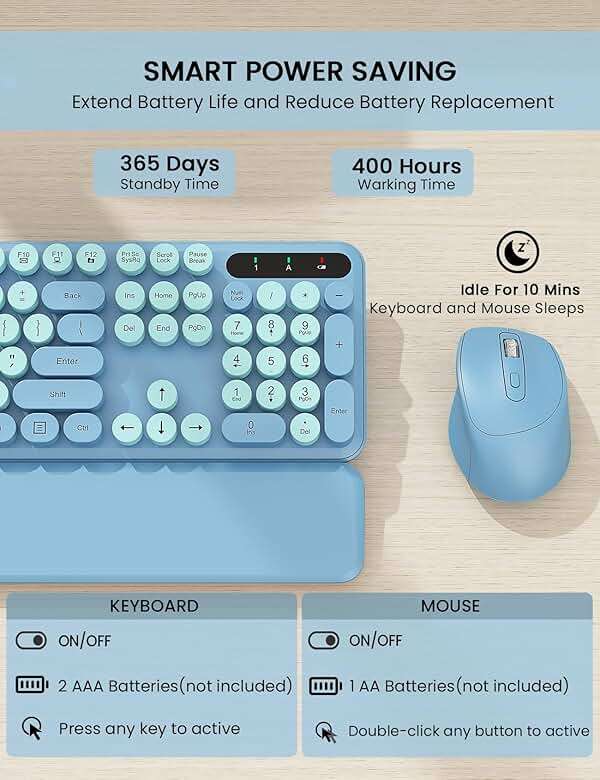 Wireless Keyboard and Mouse Combo - Cute Typewriter Keyboard with Detachable Wrist Rest, Retro Round Keycaps, Foldable Legs, 2.4GHz Full-Size for PC, Laptop, Windows - Trueque (Glacier Blue) - Image 5
