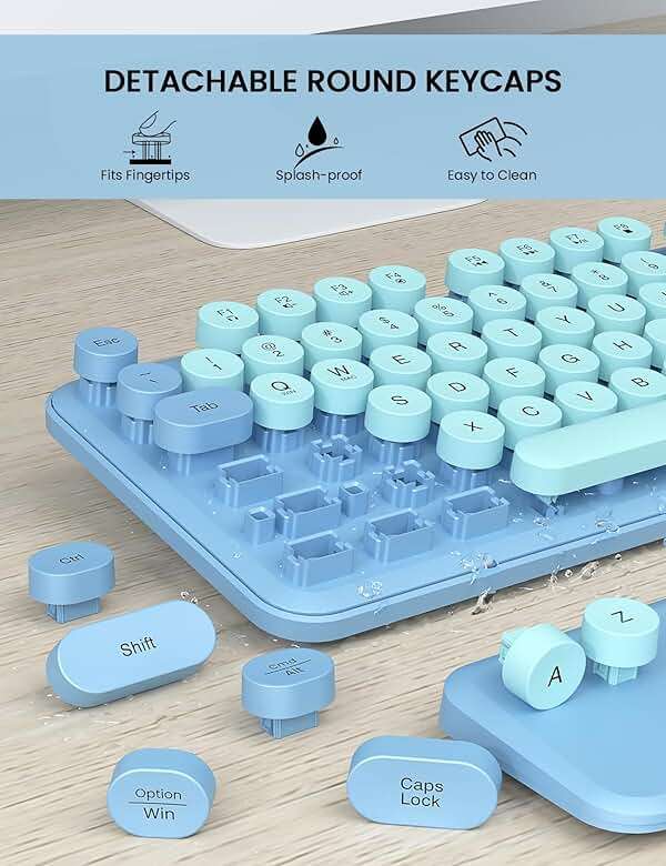 Wireless Keyboard and Mouse Combo - Cute Typewriter Keyboard with Detachable Wrist Rest, Retro Round Keycaps, Foldable Legs, 2.4GHz Full-Size for PC, Laptop, Windows - Trueque (Glacier Blue) - Image 6