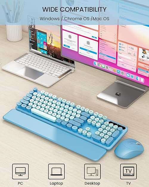 Wireless Keyboard and Mouse Combo - Cute Typewriter Keyboard with Detachable Wrist Rest, Retro Round Keycaps, Foldable Legs, 2.4GHz Full-Size for PC, Laptop, Windows - Trueque (Glacier Blue) - Image 7