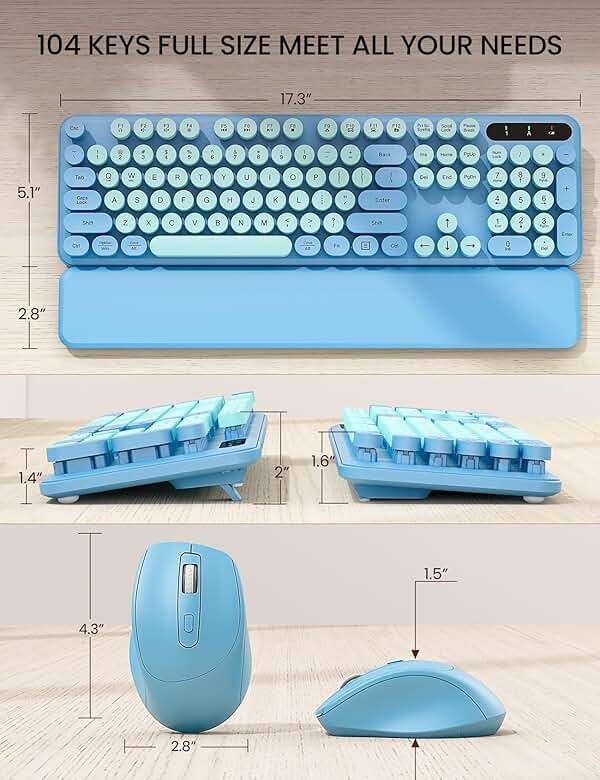 Wireless Keyboard and Mouse Combo - Cute Typewriter Keyboard with Detachable Wrist Rest, Retro Round Keycaps, Foldable Legs, 2.4GHz Full-Size for PC, Laptop, Windows - Trueque (Glacier Blue) - Image 8