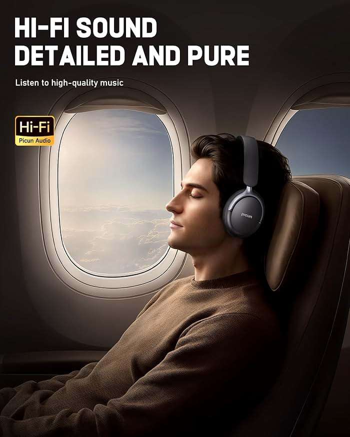 Picun NC60 Hybrid Active Noise Cancelling Headphones, Foldable Wireless Over Ear Bluetooth 5.4 Headphones, 80H Playtime, Transparency Mode, Stereo Bass, Custom EQ via App for Travel Home Black - Image 4