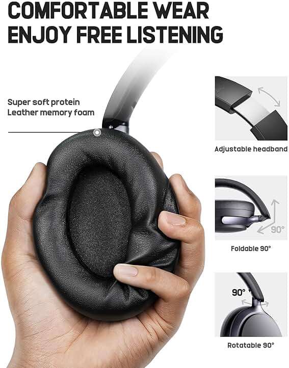 Picun NC60 Hybrid Active Noise Cancelling Headphones, Foldable Wireless Over Ear Bluetooth 5.4 Headphones, 80H Playtime, Transparency Mode, Stereo Bass, Custom EQ via App for Travel Home Black - Image 6