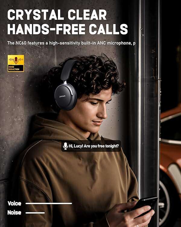 Picun NC60 Hybrid Active Noise Cancelling Headphones, Foldable Wireless Over Ear Bluetooth 5.4 Headphones, 80H Playtime, Transparency Mode, Stereo Bass, Custom EQ via App for Travel Home Black - Image 7