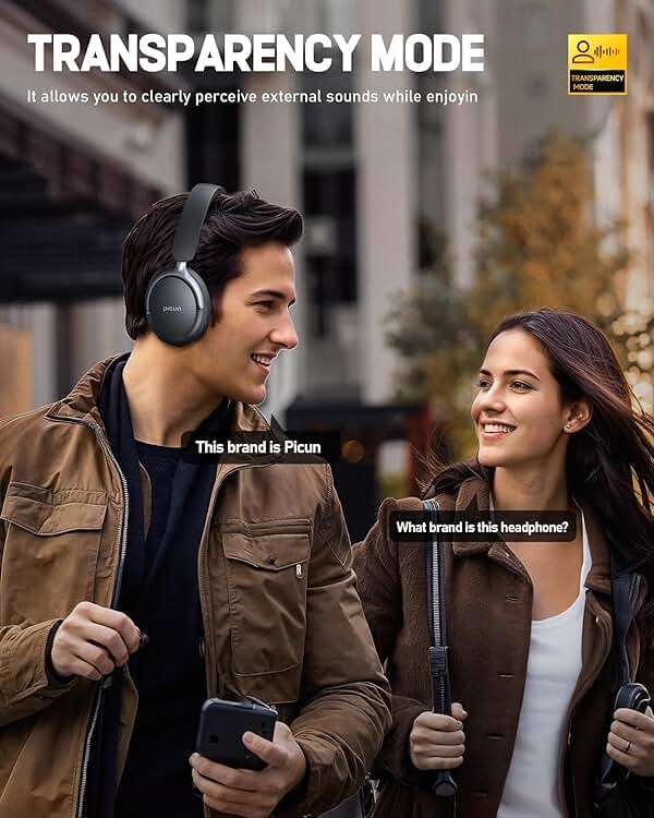 Picun NC60 Hybrid Active Noise Cancelling Headphones, Foldable Wireless Over Ear Bluetooth 5.4 Headphones, 80H Playtime, Transparency Mode, Stereo Bass, Custom EQ via App for Travel Home Black - Image 8