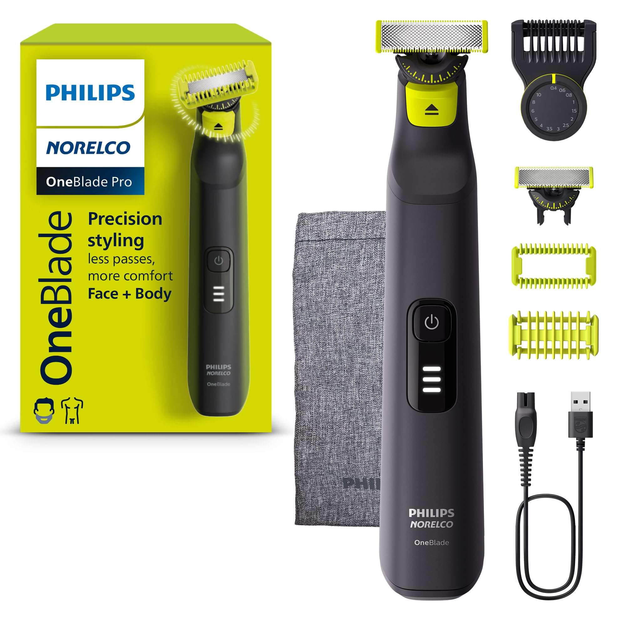 Philips Norelco OneBlade Pro 360 Face + Body Electric Shaver, Beard Trimmer and Groomer, with 360 Blade Technology, 14-Length Precision Comb, Body Kit, Soft Pouch, Model QP6542/70 - Image 1