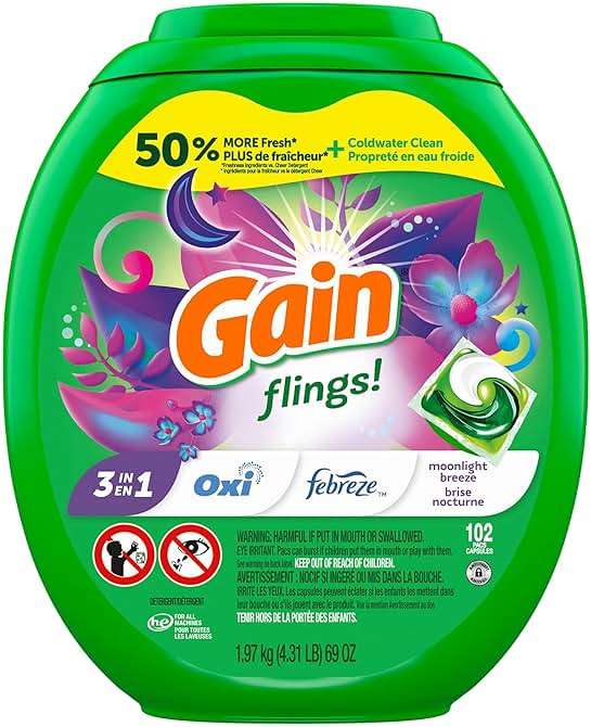 Gain Flings Laundry Detergent Pacs, 102 Count, Moonlight Breeze Scent, with Odor Defense, concentrated laundry soap pacs - Image 13
