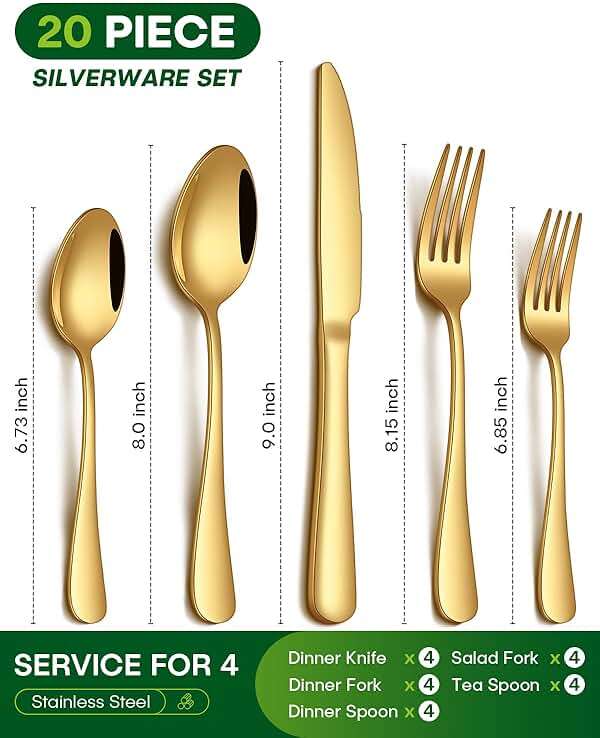 PHILIPALA 20 Piece Gold Silverware Set, Stainless Steel Flatware Set for 4 Food Grade Novelty Flatware Cutlery Utensil Set Include Knife Fork Spoon Mirror Polished Dishwasher Safe - Image 3