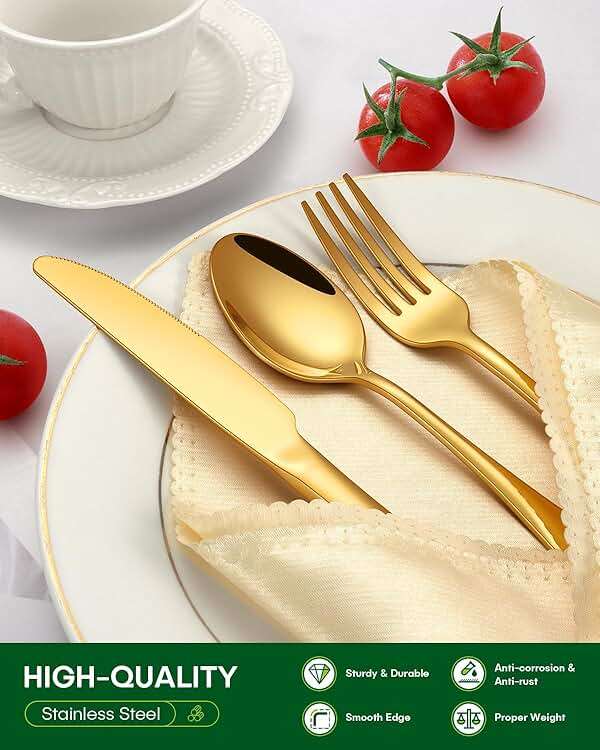 PHILIPALA 20 Piece Gold Silverware Set, Stainless Steel Flatware Set for 4 Food Grade Novelty Flatware Cutlery Utensil Set Include Knife Fork Spoon Mirror Polished Dishwasher Safe - Image 4