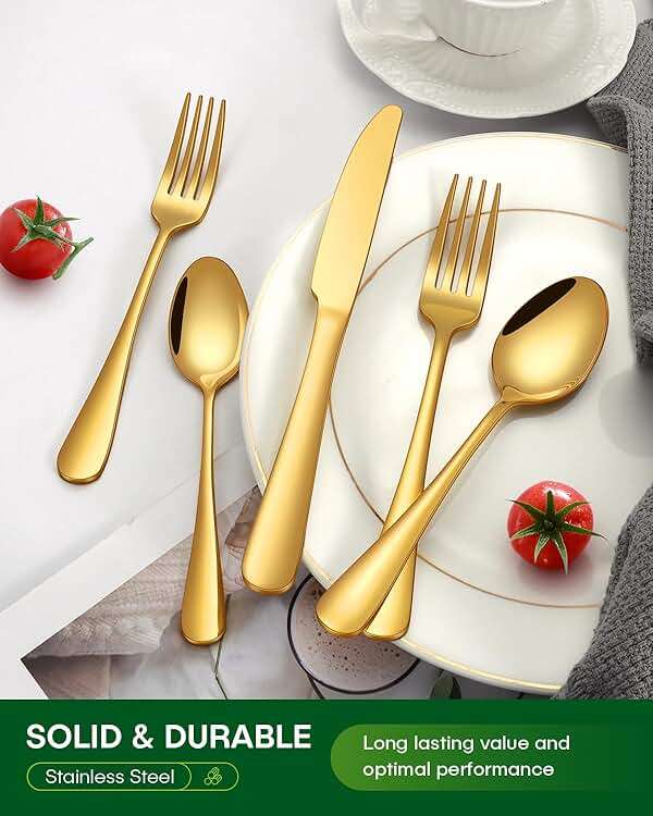 PHILIPALA 20 Piece Gold Silverware Set, Stainless Steel Flatware Set for 4 Food Grade Novelty Flatware Cutlery Utensil Set Include Knife Fork Spoon Mirror Polished Dishwasher Safe - Image 7