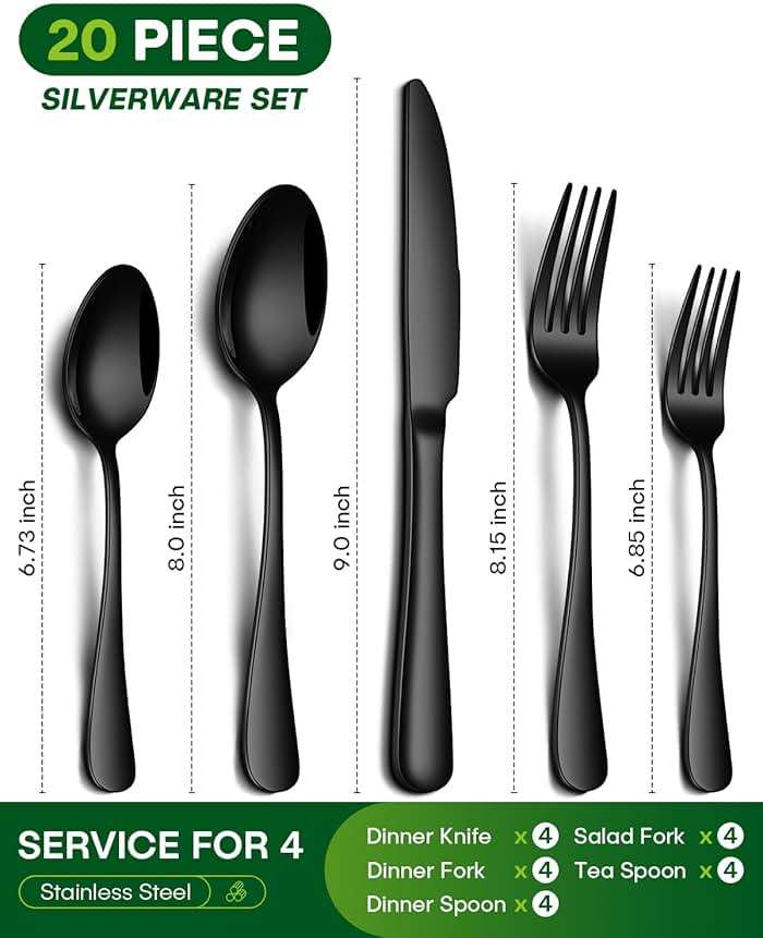 PHILIPALA 20 Piece Black Silverware Set, Stainless Steel Flatware Set for 4 Food Grade Cutlery Utensil Set Include Knife Fork Spoon Mirror Polished Dishwasher Safe - Image 3