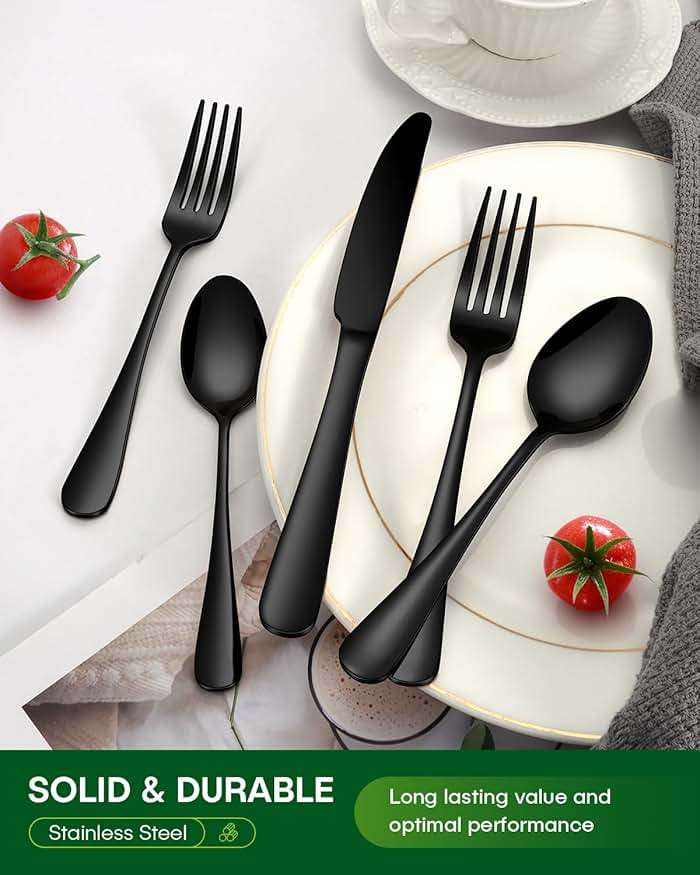 PHILIPALA 20 Piece Black Silverware Set, Stainless Steel Flatware Set for 4 Food Grade Cutlery Utensil Set Include Knife Fork Spoon Mirror Polished Dishwasher Safe - Image 7