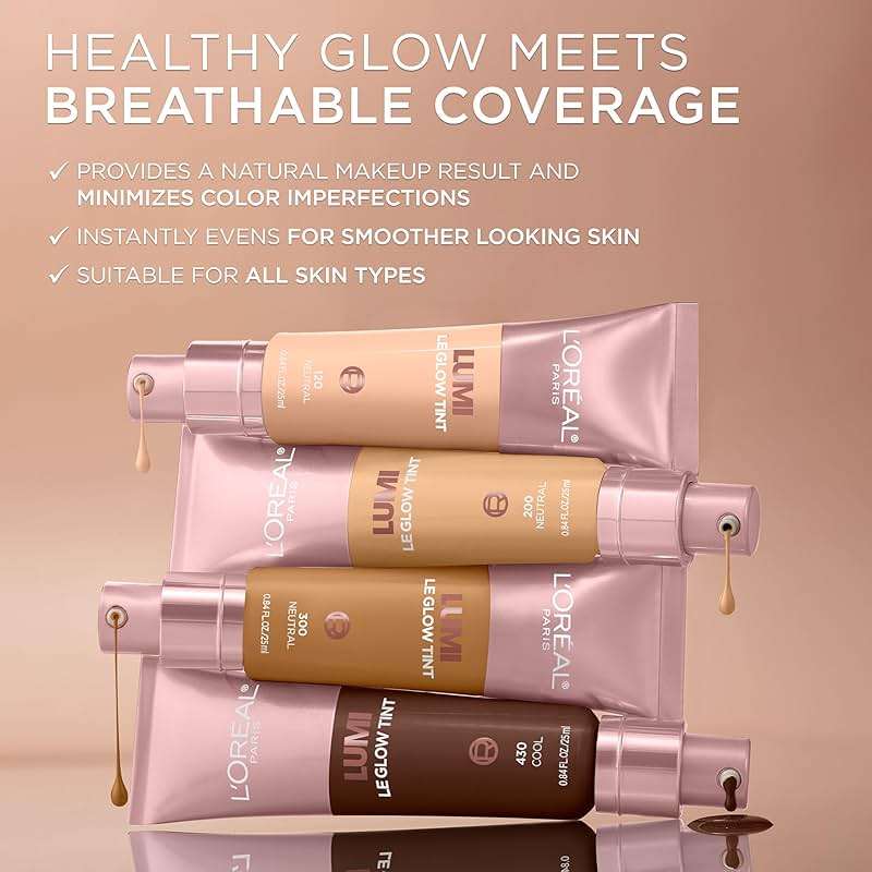 L'Oreal Paris Lumi Le Glow Tint Fluide Teinte, Lightweight Fluid Tint That Glow Like An Illuminator & Cover Like A Foundation, Cool/Froid 100, 0.84 Fl Oz - Image 7