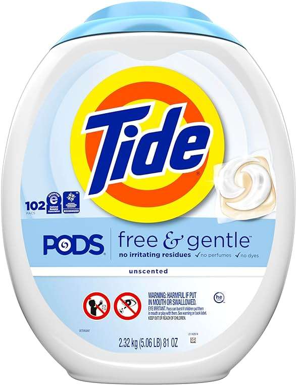 Tide PODS Free & Gentle Laundry Detergent Soap Pacs, 102 Count, Tide PODS Laundry Detergent, Laundry Detergent Pacs, Laundry PODS Detergent - Image 11