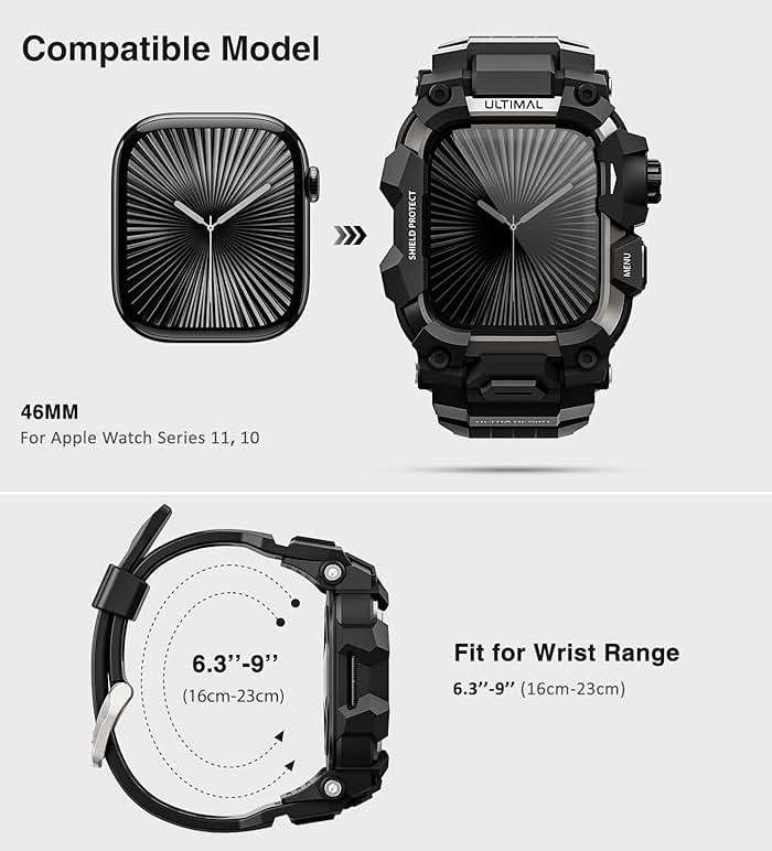 ULTIMAL Rugged Case with Band for Apple Watch 46mm,Compatible with Apple Watch Series 11/10, Military Grade Shockproof Bumper Cover for iWatch Tactical Band Men (Black, 46mm) - Image 2