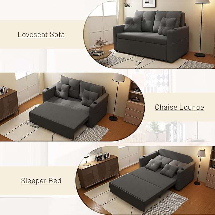 Krcix 3 in 1 Sofa Bed, 56 Inch Convertible Pull Out Couch, Loveseat Sleeper Sofa with Cup Holders, USB, Sofa Couches for Living Room, Bedroom, Apartment, Dark Grey - Image 4