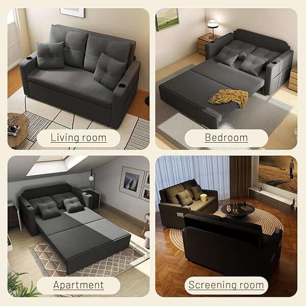 Krcix 3 in 1 Sofa Bed, 56 Inch Convertible Pull Out Couch, Loveseat Sleeper Sofa with Cup Holders, USB, Sofa Couches for Living Room, Bedroom, Apartment, Dark Grey - Image 8