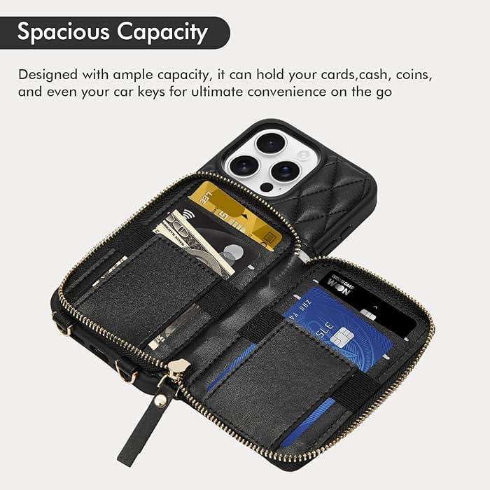 ZVE for iPhone 16 Pro Max Wallet Case for Women, Crossbody Case with Wrist Strap Protective Leather Lanyard with Ring Holder Flip Cover 6.9 Inch - Black - Image 3