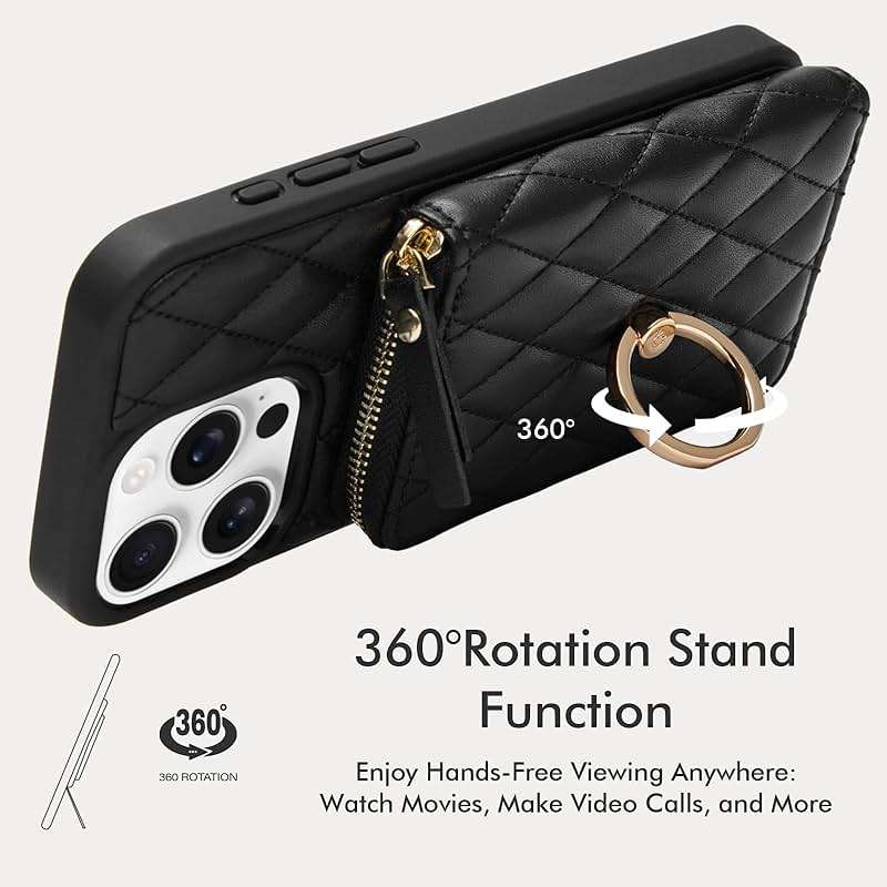 ZVE for iPhone 16 Pro Max Wallet Case for Women, Crossbody Case with Wrist Strap Protective Leather Lanyard with Ring Holder Flip Cover 6.9 Inch - Black - Image 6