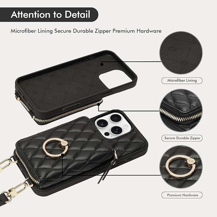 ZVE for iPhone 16 Pro Max Wallet Case for Women, Crossbody Case with Wrist Strap Protective Leather Lanyard with Ring Holder Flip Cover 6.9 Inch - Black - Image 8