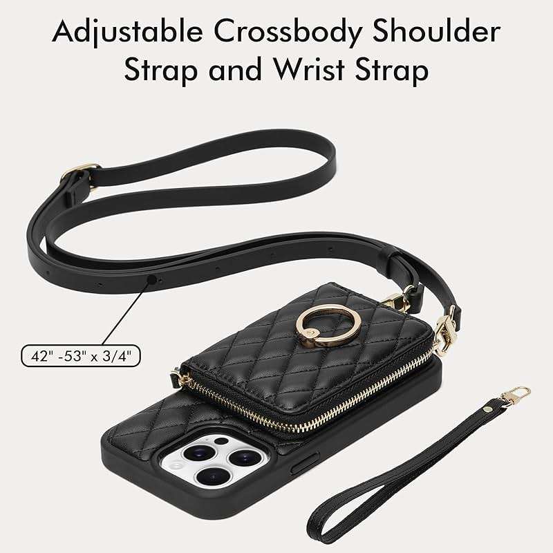ZVE for iPhone 16 Pro Max Wallet Case for Women, Crossbody Case with Wrist Strap Protective Leather Lanyard with Ring Holder Flip Cover 6.9 Inch - Black - Image 9
