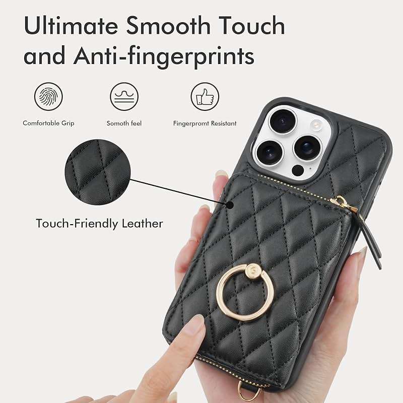 ZVE for iPhone 16 Pro Max Wallet Case for Women, Crossbody Case with Wrist Strap Protective Leather Lanyard with Ring Holder Flip Cover 6.9 Inch - Black - Image 10