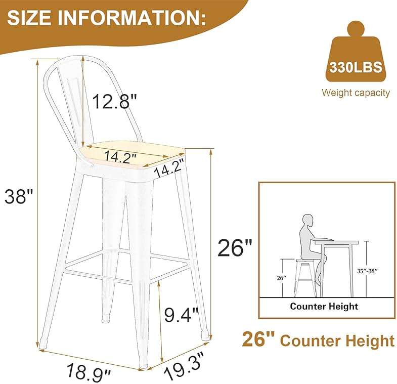 Andeworld Metal Bar Stools Set of 4, 26 inch Counter Height Barstools with Backs Farmhouse Modern High Back Bar Stools with Larger Seat Kitchen Dining Bar Chairs,Matte Black - Image 2