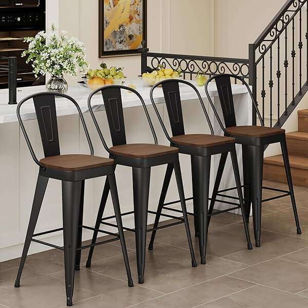 Andeworld Metal Bar Stools Set of 4, 26 inch Counter Height Barstools with Backs Farmhouse Modern High Back Bar Stools with Larger Seat Kitchen Dining Bar Chairs,Matte Black - Image 3
