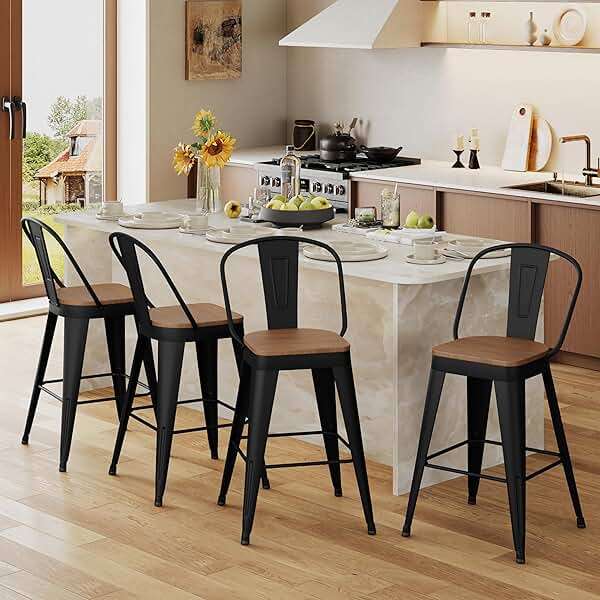 Andeworld Metal Bar Stools Set of 4, 26 inch Counter Height Barstools with Backs Farmhouse Modern High Back Bar Stools with Larger Seat Kitchen Dining Bar Chairs,Matte Black - Image 5