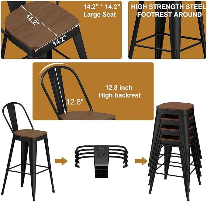Andeworld Metal Bar Stools Set of 4, 26 inch Counter Height Barstools with Backs Farmhouse Modern High Back Bar Stools with Larger Seat Kitchen Dining Bar Chairs,Matte Black - Image 7
